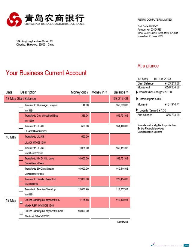 Qingdao Rural Commercial Bank organization account statement Word and PDF template